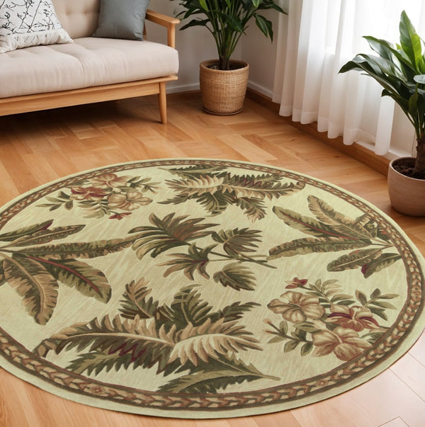 HomeRoots 5' Tropical Botanical Wool Area Rug - Hand-Tufted Ivory, Green & Brown - Elegant Home Accent 8' Round 350209