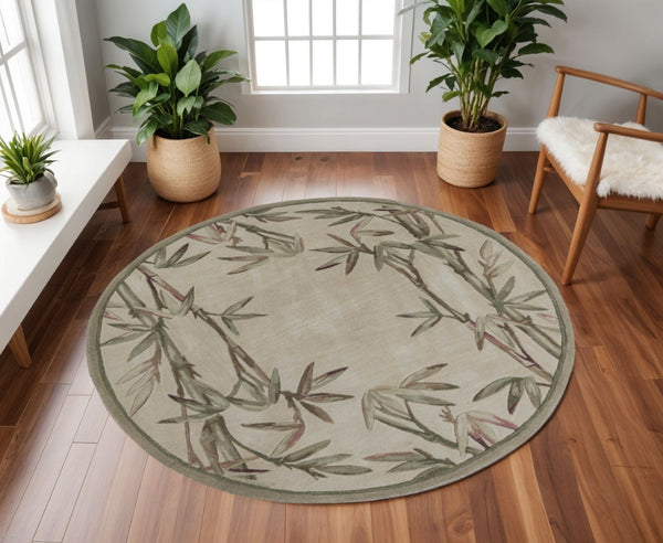 HomeRoots 5' Luxurious Hand-Tufted Wool Area Rug with Serene Botanical Leaf Design in Ivory, Green, Brown 7' Round 350212