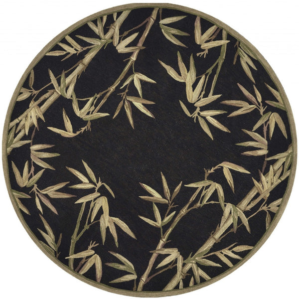 Homeroots 8' Black Hand Tufted Bordered Tropical Bamboo Round Indoor Area Rug  Wool 350213