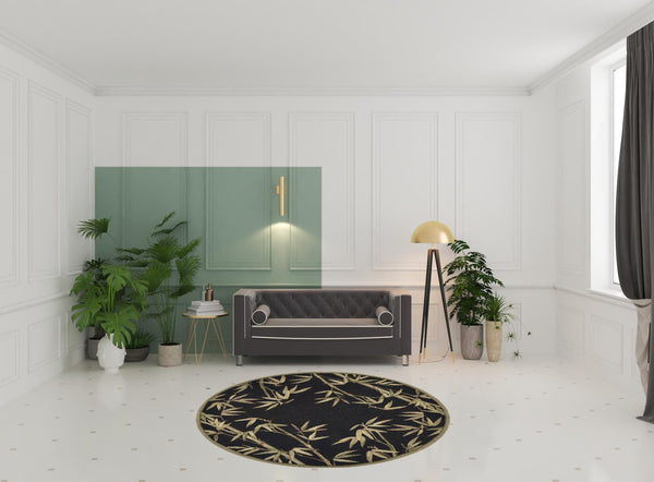 Homeroots 8' Black Hand Tufted Bordered Tropical Bamboo Round Indoor Area Rug  Wool 350213