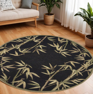 HomeRoots 5' Tropical Botanical Hand-Tufted Wool Area Rug in Black, Green & Brown - Elegant Comfort for Any Space 8' Round 350213
