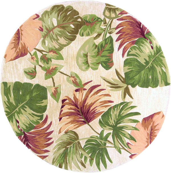 HomeRoots 5' Wool Botanical Leaves Hand-Tufted Area Rug in Beige, Green & Pink - Artisanal Charm for Your Home 7' Round 350214