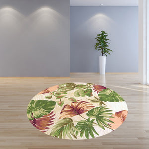 HomeRoots 5' Wool Botanical Leaves Hand-Tufted Area Rug in Beige, Green & Pink - Artisanal Charm for Your Home 7' Round 350214