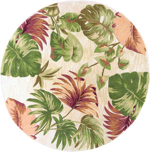 HomeRoots 5' Wool Botanical Leaves Hand-Tufted Area Rug in Beige, Green & Pink - Artisanal Charm for Your Home 7' Round 350214