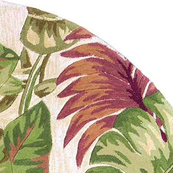 HomeRoots 5' Wool Botanical Leaves Hand-Tufted Area Rug in Beige, Green & Pink - Artisanal Charm for Your Home 7' Round 350214