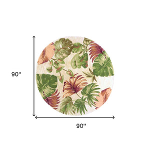 HomeRoots 5' Wool Botanical Leaves Hand-Tufted Area Rug in Beige, Green & Pink - Artisanal Charm for Your Home 7' Round 350214