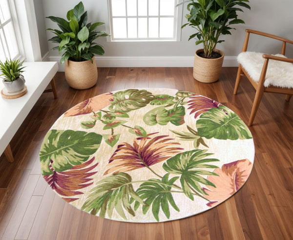 HomeRoots 5' Wool Botanical Leaves Hand-Tufted Area Rug in Beige, Green & Pink - Artisanal Charm for Your Home 7' Round 350214
