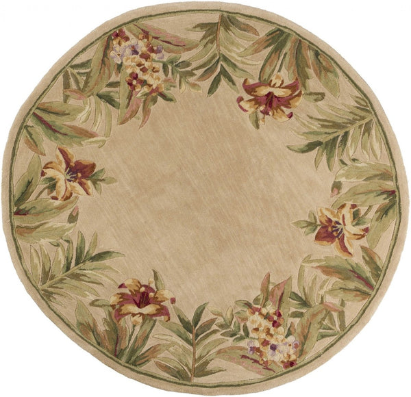 HomeRoots 5' Hand-Tufted Wool Area Rug with Tropical Floral Design – Luxurious Beige, Red & Green Elegance 8' Round 350215