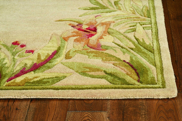 HomeRoots 5' Hand-Tufted Wool Area Rug with Tropical Floral Design – Luxurious Beige, Red & Green Elegance 8' Round 350215