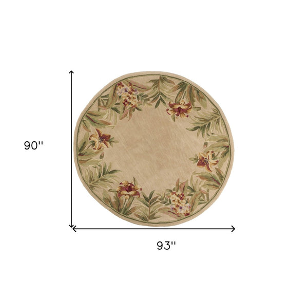 HomeRoots 5' Hand-Tufted Wool Area Rug with Tropical Floral Design – Luxurious Beige, Red & Green Elegance 8' Round 350215