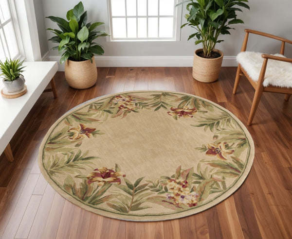 HomeRoots 5' Hand-Tufted Wool Area Rug with Tropical Floral Design – Luxurious Beige, Red & Green Elegance 8' Round 350215