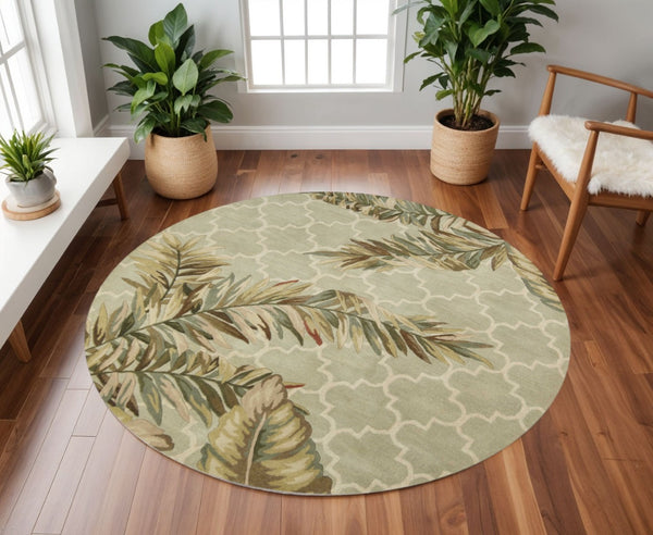 HomeRoots 5' Hand-Tufted Wool Area Rug in Sage Taupe & Green Botanical Design for Elegant Living Spaces 8' Round 350216