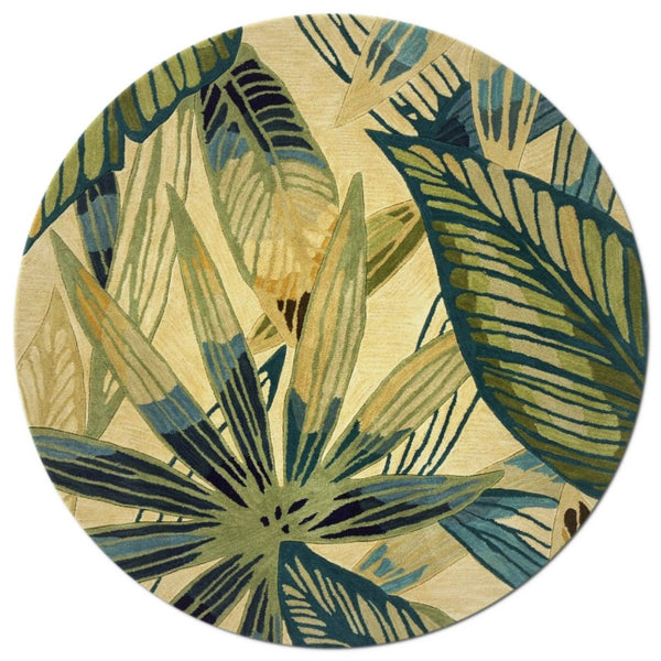 HomeRoots 5' Tropical Botanical Hand-Tufted Area Rug in Ivory, Teal & Green - Soft Wool for Cozy Spaces 8' Round 350217