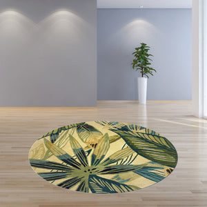 HomeRoots 5' Tropical Botanical Hand-Tufted Area Rug in Ivory, Teal & Green - Soft Wool for Cozy Spaces 8' Round 350217