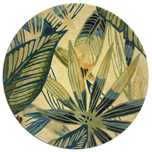 HomeRoots 5' Tropical Botanical Hand-Tufted Area Rug in Ivory, Teal & Green - Soft Wool for Cozy Spaces 8' Round 350217