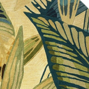 HomeRoots 5' Tropical Botanical Hand-Tufted Area Rug in Ivory, Teal & Green - Soft Wool for Cozy Spaces 8' Round 350217
