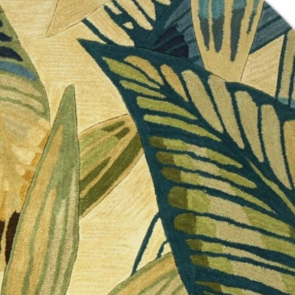 HomeRoots 5' Tropical Botanical Hand-Tufted Area Rug in Ivory, Teal & Green - Soft Wool for Cozy Spaces 8' Round 350217