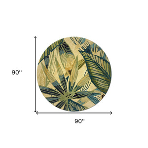 HomeRoots 5' Tropical Botanical Hand-Tufted Area Rug in Ivory, Teal & Green - Soft Wool for Cozy Spaces 8' Round 350217