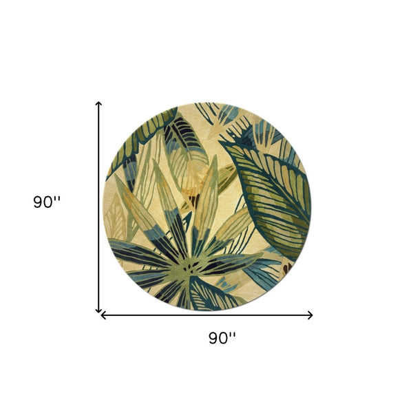 HomeRoots 5' Tropical Botanical Hand-Tufted Area Rug in Ivory, Teal & Green - Soft Wool for Cozy Spaces 8' Round 350217