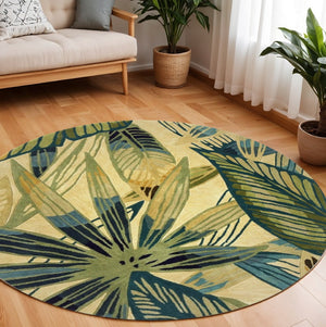 HomeRoots 5' Tropical Botanical Hand-Tufted Area Rug in Ivory, Teal & Green - Soft Wool for Cozy Spaces 8' Round 350217