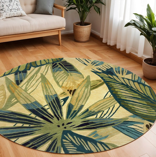 HomeRoots 5' Tropical Botanical Hand-Tufted Area Rug in Ivory, Teal & Green - Soft Wool for Cozy Spaces 8' Round 350217