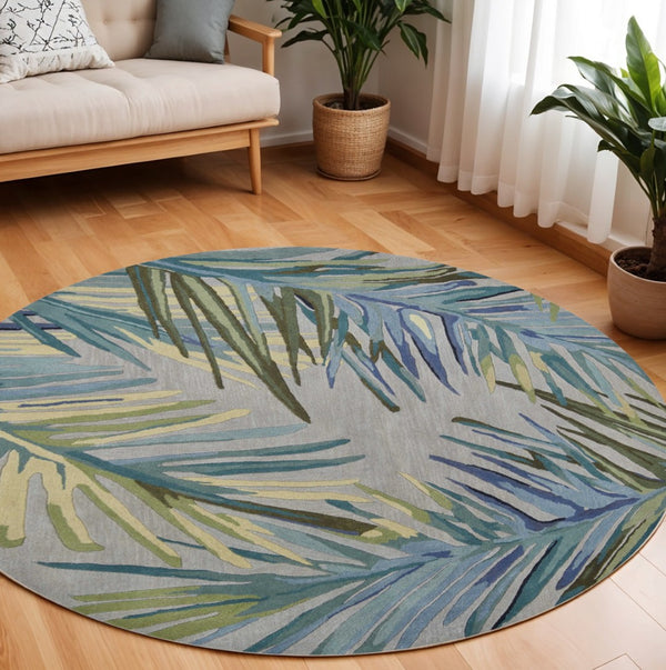 HomeRoots 5' Elegant Blue and Gray Tropical Botanical Hand-Tufted Wool Area Rug - Perfect for Any Room Decor! 7' Round 350218