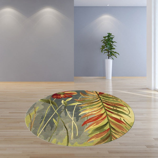 HomeRoots 5' Tropical Botanical Hand-Tufted Wool Area Rug in Blue and Green - Plush Comfort & Style 8' Round 350219
