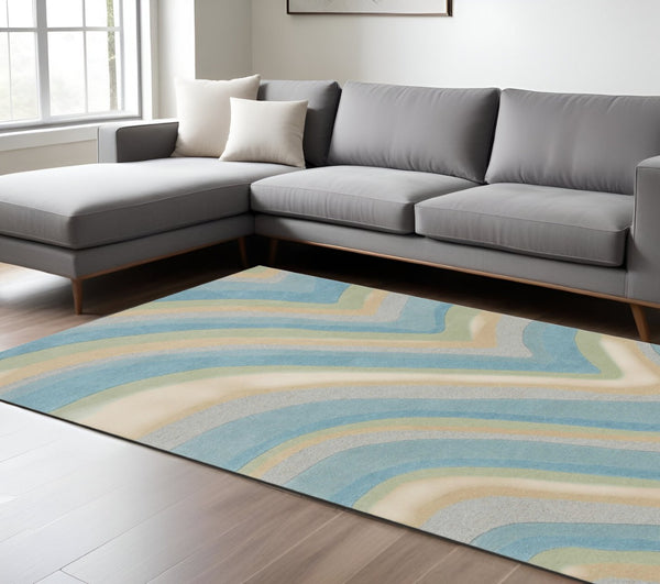 HomeRoots 8' Hand-Tufted Wool Abstract Area Rug in Blue, Beige, and Green - Elevate Your Contemporary Space! 8' X 10' 350244