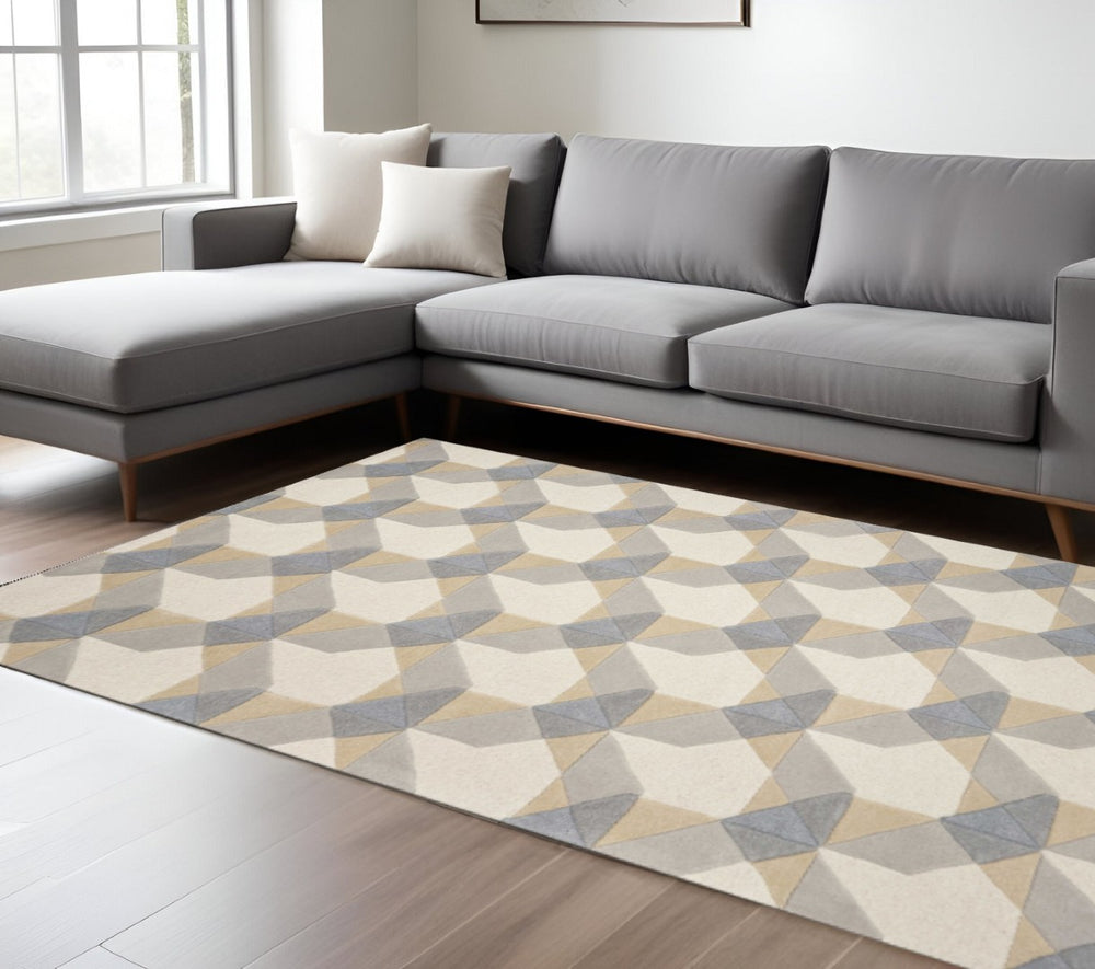 HomeRoots 8' Hand-Tufted Wool Geometric Area Rug in Ivory, Gray, and Cream for Timeless Style and Comfort 8' X 11' 350245