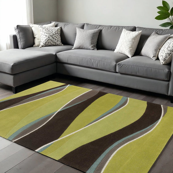 HomeRoots 8' Hand-Tufted Wool Abstract Area Rug in Vibrant Lime Green, Brown, and Blue for Modern Spaces 8' X 11' 350251
