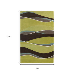 HomeRoots 8' Hand-Tufted Wool Abstract Area Rug in Vibrant Lime Green, Brown, and Blue for Modern Spaces 8' X 11' 350251