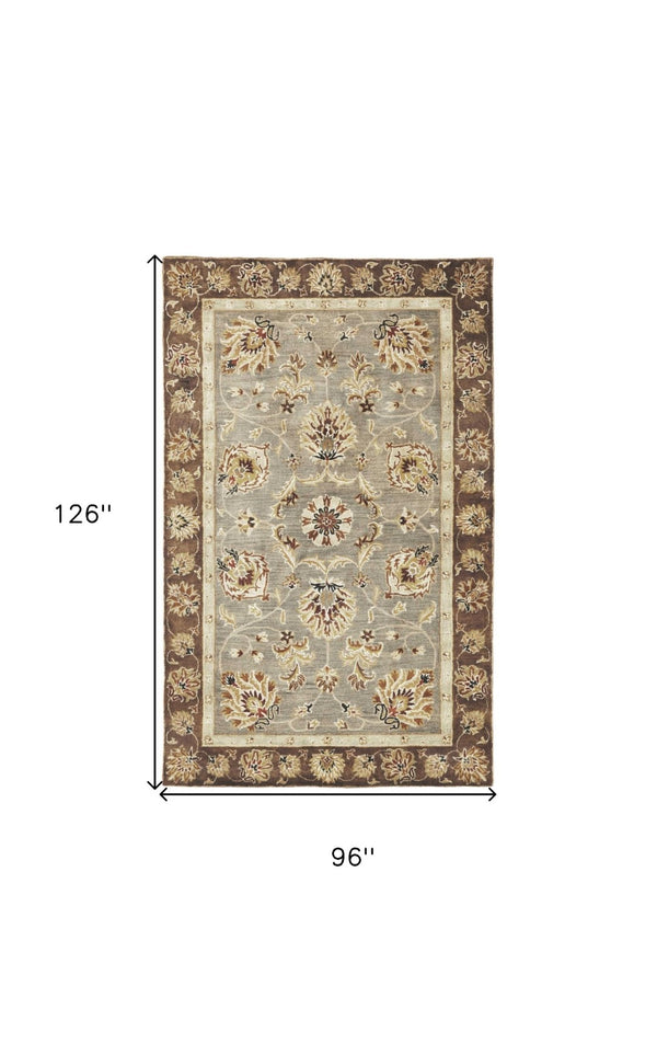 HomeRoots 8' Timeless Gray Brown Ivory Floral Medallion Hand-Tufted Area Rug in New Zealand Lambs Wool 8' X 11' 350254