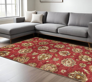 HomeRoots 8' Hand-Tufted Wool Area Rug in Rich Red, Ivory & Brown - Elegant Floral Design for Any Space 8' X 10' 350255
