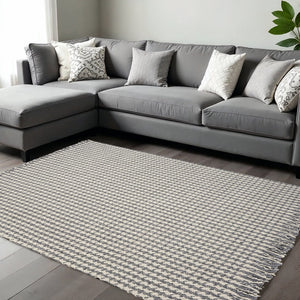 HomeRoots 8' Handcrafted Wool Houndstooth Area Rug in Gray and Ivory – Luxurious Comfort for Any Space 8' X 11' 350265