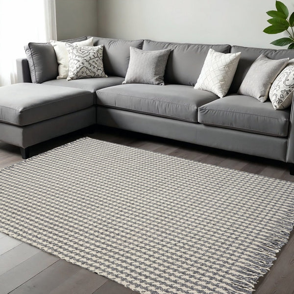 HomeRoots 8' Handcrafted Wool Houndstooth Area Rug in Gray and Ivory – Luxurious Comfort for Any Space 8' X 11' 350265