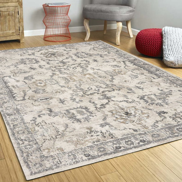 HomeRoots 9' Floral Medallion Distressed Area Rug in Ivory & Gray – Timeless Elegance for Any Space 9' X 13' 350269