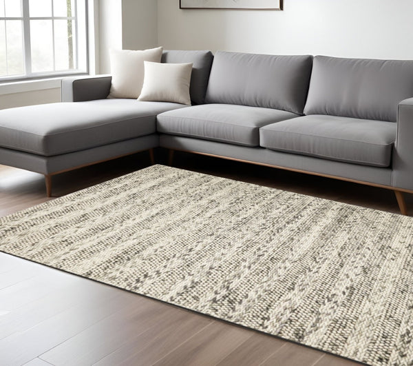 HomeRoots 5' Hand-Woven Gray and Ivory Wool Striped Area Rug for Timeless Elegance and Cozy Comfort 7' X 9' 350290