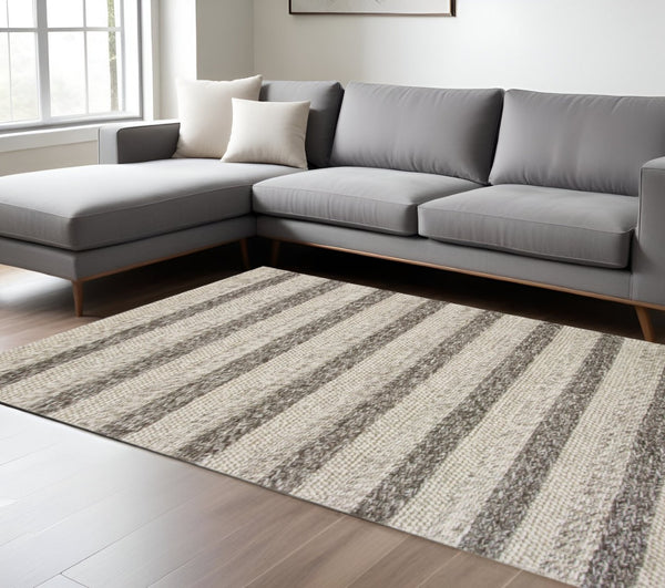HomeRoots 5' Hand-Woven New Zealand Lambs Wool Striped Area Rug in Brown, Gray & Ivory for Luxurious Comfort 8' X 10' 350293