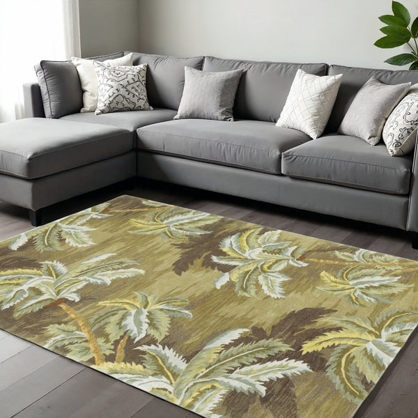 HomeRoots 5' Tropical Botanical Wool Area Rug in Moss Green and Yellow - Hand-Tufted Elegance for Your Home 8' X 10' 350310