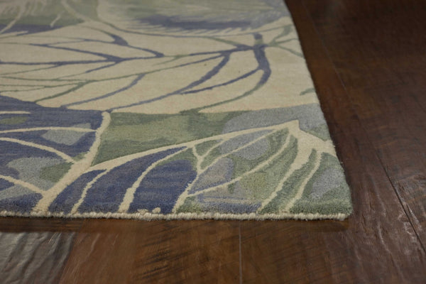 HomeRoots 5' Tropical Botanical Wool Area Rug in Blue Green Beige – Hand-Tufted, Stylish Comfort for Your Home 7' X 9' 350311