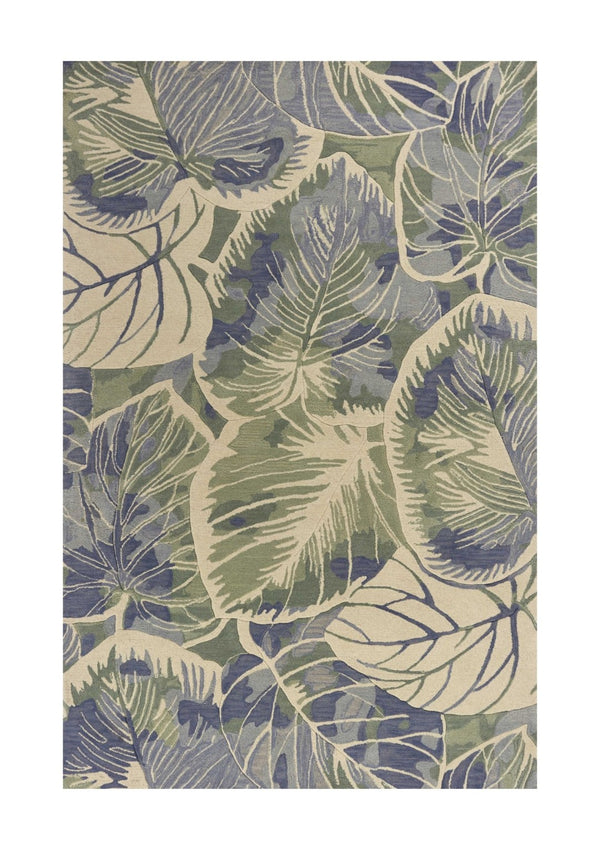 HomeRoots 5' Tropical Botanical Wool Area Rug in Blue Green Beige – Hand-Tufted, Stylish Comfort for Your Home 7' X 9' 350311
