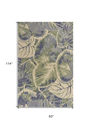 HomeRoots 5' Tropical Botanical Wool Area Rug in Blue Green Beige – Hand-Tufted, Stylish Comfort for Your Home 7' X 9' 350311