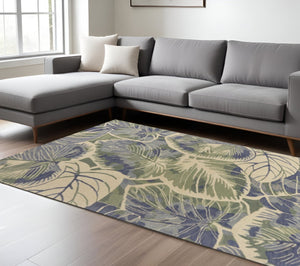 HomeRoots 5' Tropical Botanical Wool Area Rug in Blue Green Beige – Hand-Tufted, Stylish Comfort for Your Home 7' X 9' 350311