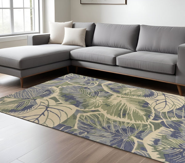 HomeRoots 5' Tropical Botanical Wool Area Rug in Blue Green Beige – Hand-Tufted, Stylish Comfort for Your Home 7' X 9' 350311