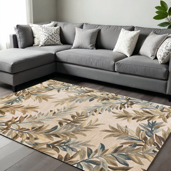 HomeRoots 5' Hand-Tufted Wool Area Rug with Botanical Leaves in Ivory, Brown, and Blue – Artisan Crafted Elegance 7' X 9' 350313