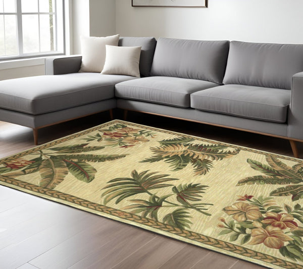 HomeRoots 5' Tropical Botanical Wool Area Rug - Hand-Tufted Ivory, Green & Brown - Elegant Home Accent 8' X 10' 350314