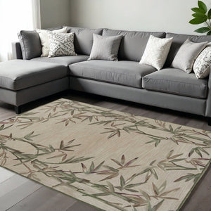 HomeRoots 5' Luxurious Hand-Tufted Wool Area Rug with Serene Botanical Leaf Design in Ivory, Green, Brown 8' X 10' 350317