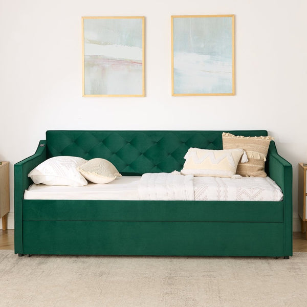 English Elm Twin Linen Tufted Daybed with Pop up Trundle and Usb Port for Guest Rooms Green W1413S00130