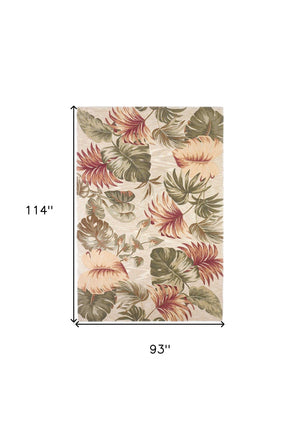 HomeRoots 5' Wool Botanical Leaves Hand-Tufted Area Rug in Beige, Green & Pink - Artisanal Charm for Your Home 7' X 9' 350319