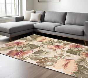 HomeRoots 5' Wool Botanical Leaves Hand-Tufted Area Rug in Beige, Green & Pink - Artisanal Charm for Your Home 7' X 9' 350319